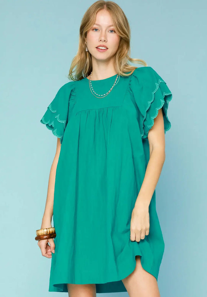 Round Neck Dress W/ Scalloped Flutter Sleeves