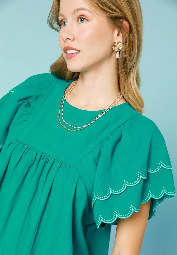 Round Neck Dress W/ Scalloped Flutter Sleeves
