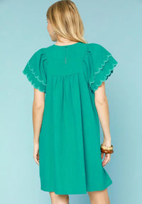Round Neck Dress W/ Scalloped Flutter Sleeves
