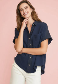 Navy Cotton Gauze Button Down Top