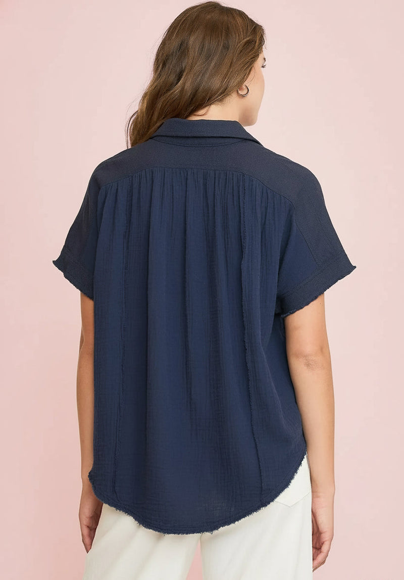 Navy Cotton Gauze Button Down Top