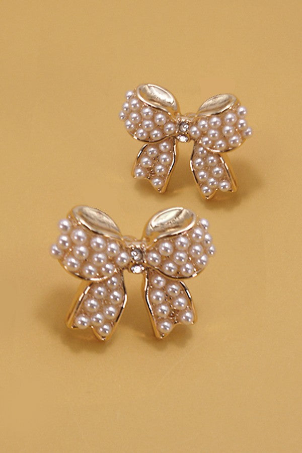 Gold Mini Peral Bow Ribbon Earrings