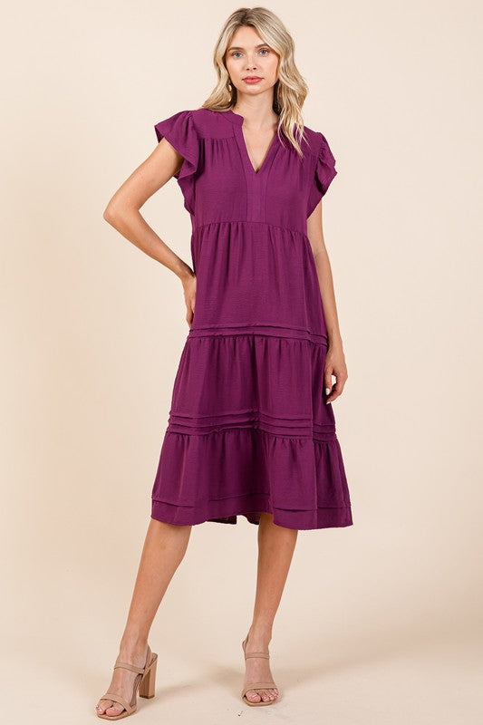 Purple Tiered Flutter Sleeve Midi Dress