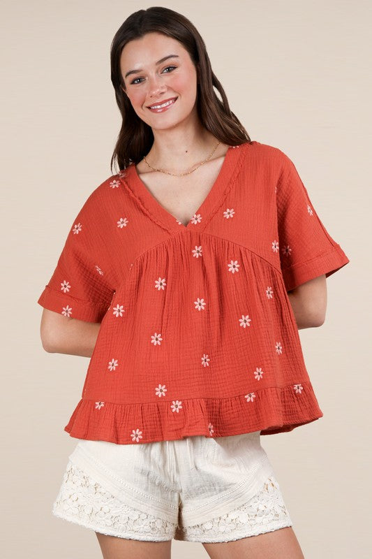Flower Embroidered Woven Blouse Top