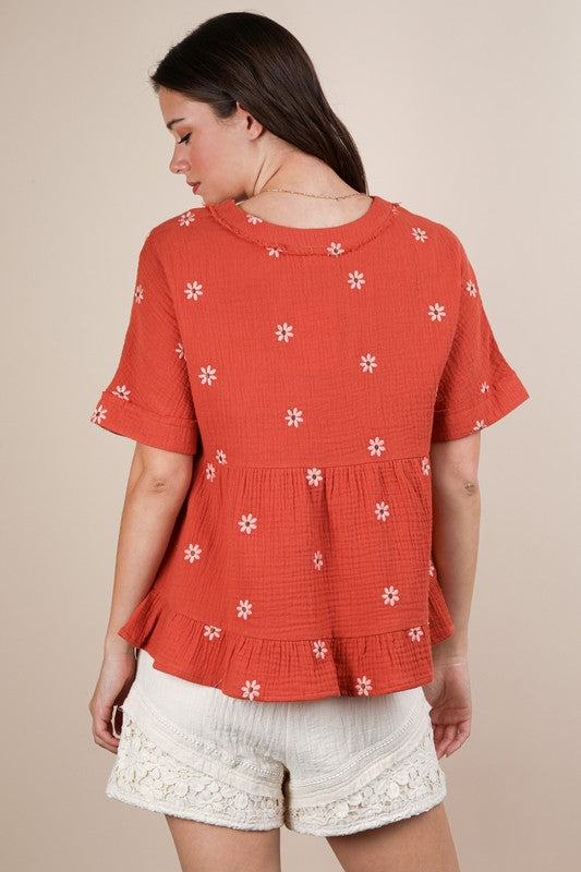 Flower Embroidered Woven Blouse Top