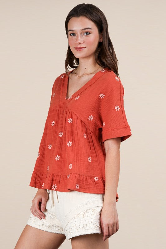 Flower Embroidered Woven Blouse Top