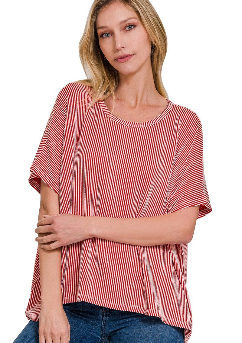 Ribbed Striped Oversized Short Sleeve Top