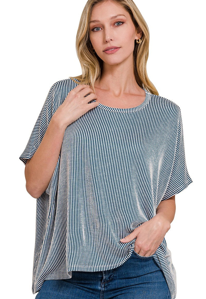 Ribbed Striped Oversized Short Sleeve Top
