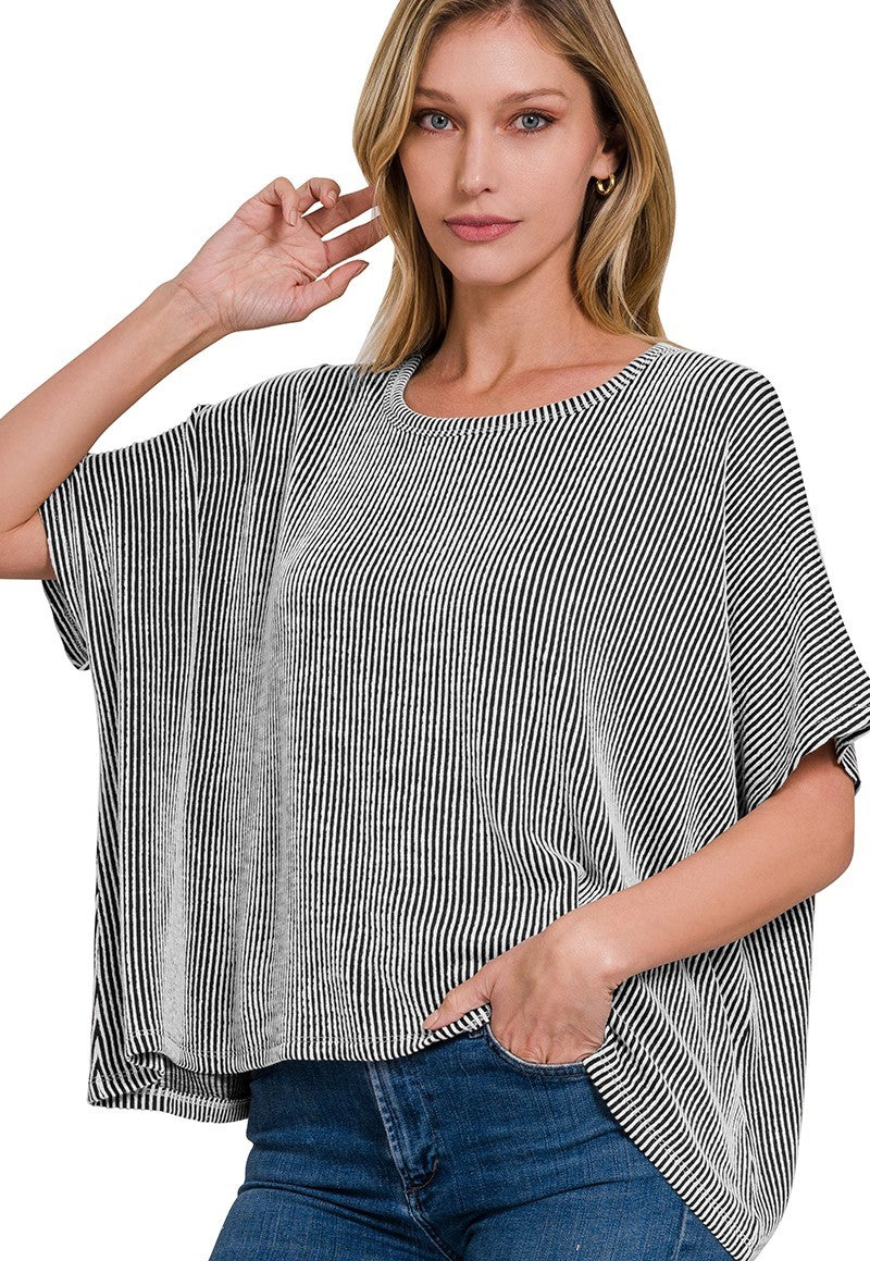 Ribbed Striped Oversized Short Sleeve Top
