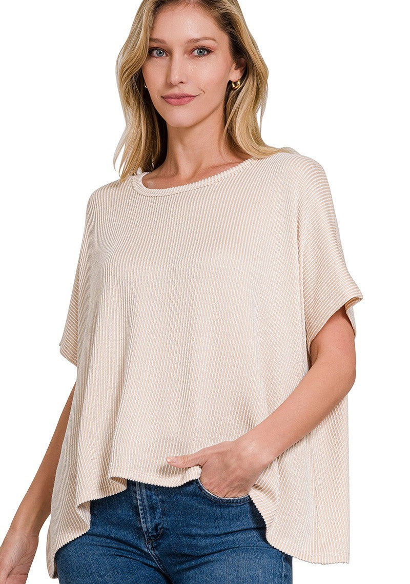 Ribbed Striped Oversized Short Sleeve Top