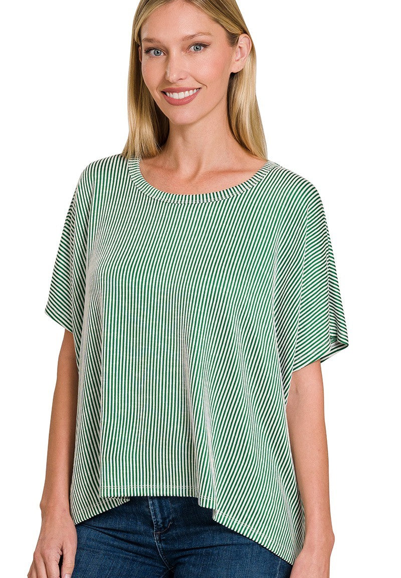 Ribbed Striped Oversized Short Sleeve Top
