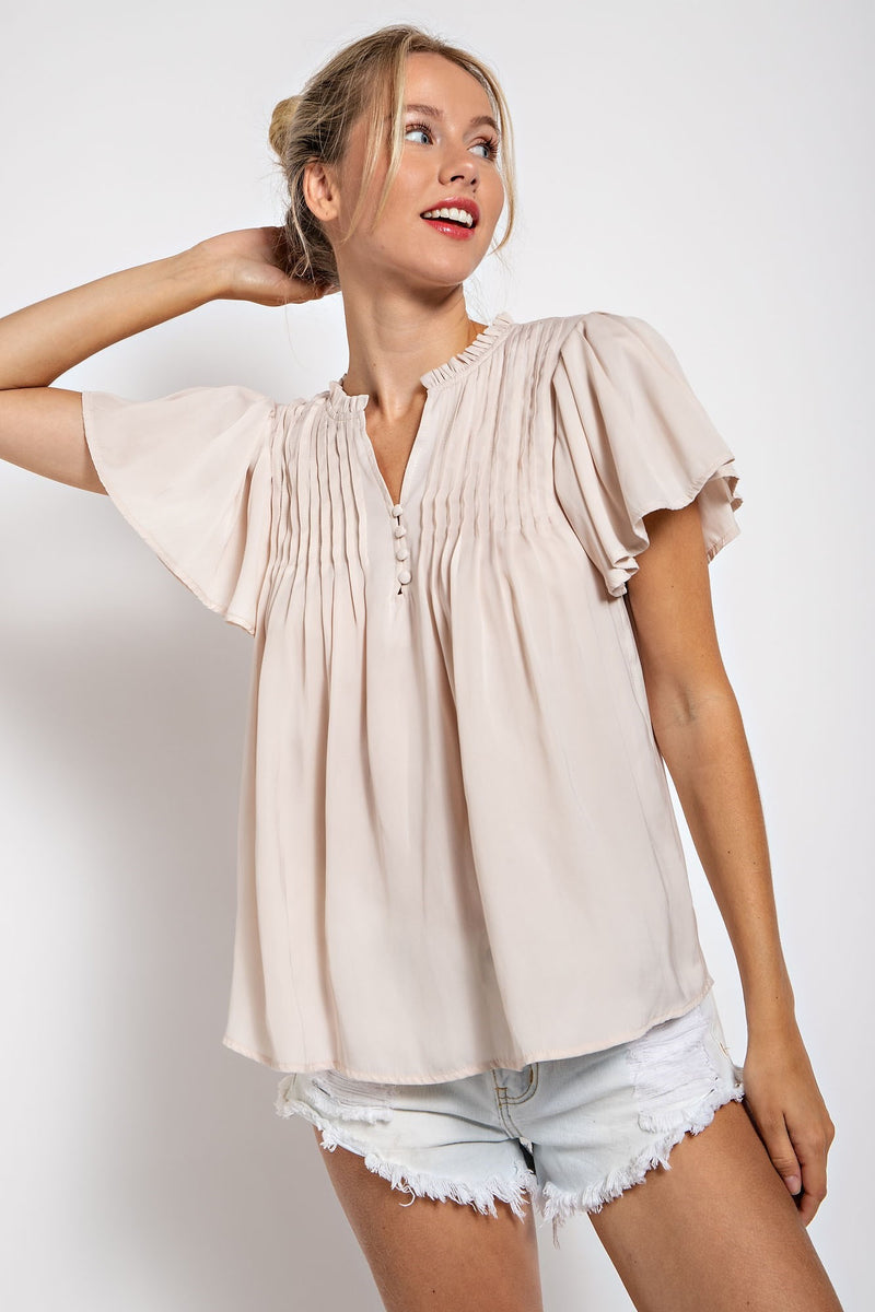 Pleated Ruffle Sleeve Frilled Neck Top