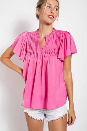 Pleated Ruffle Sleeve Frilled Neck Top